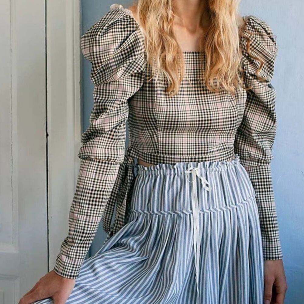 Free People Mare Mare Robbie Top Retro Square Neck Puff Sleeve Plaid Blouse